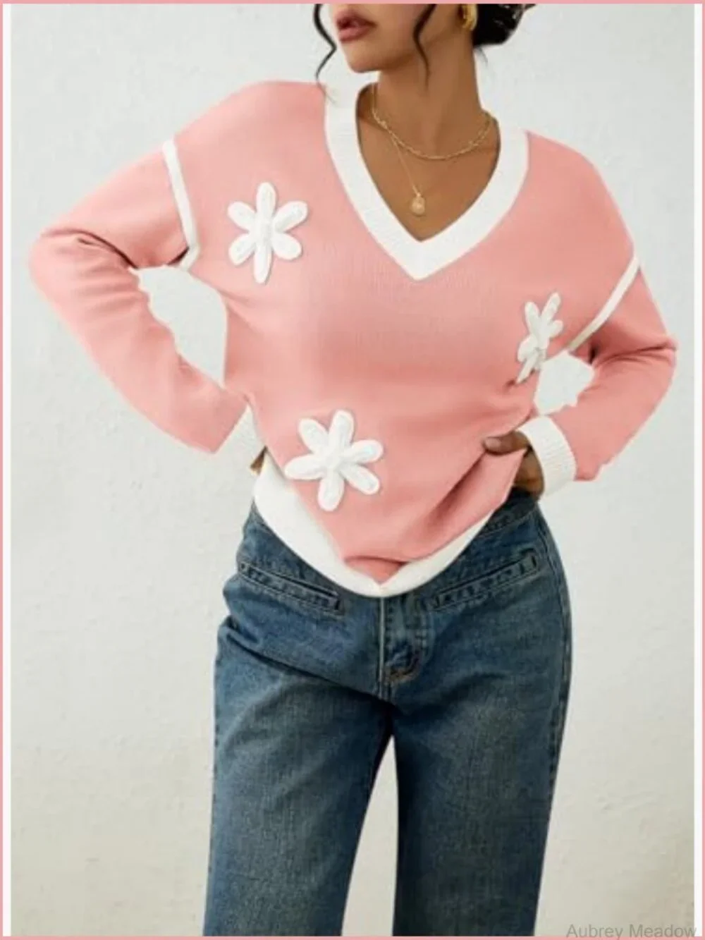 Women's Oversized V-Neck Pullover Sweater Floral Knit Long Sleeve Tops - Picture 2 of 7